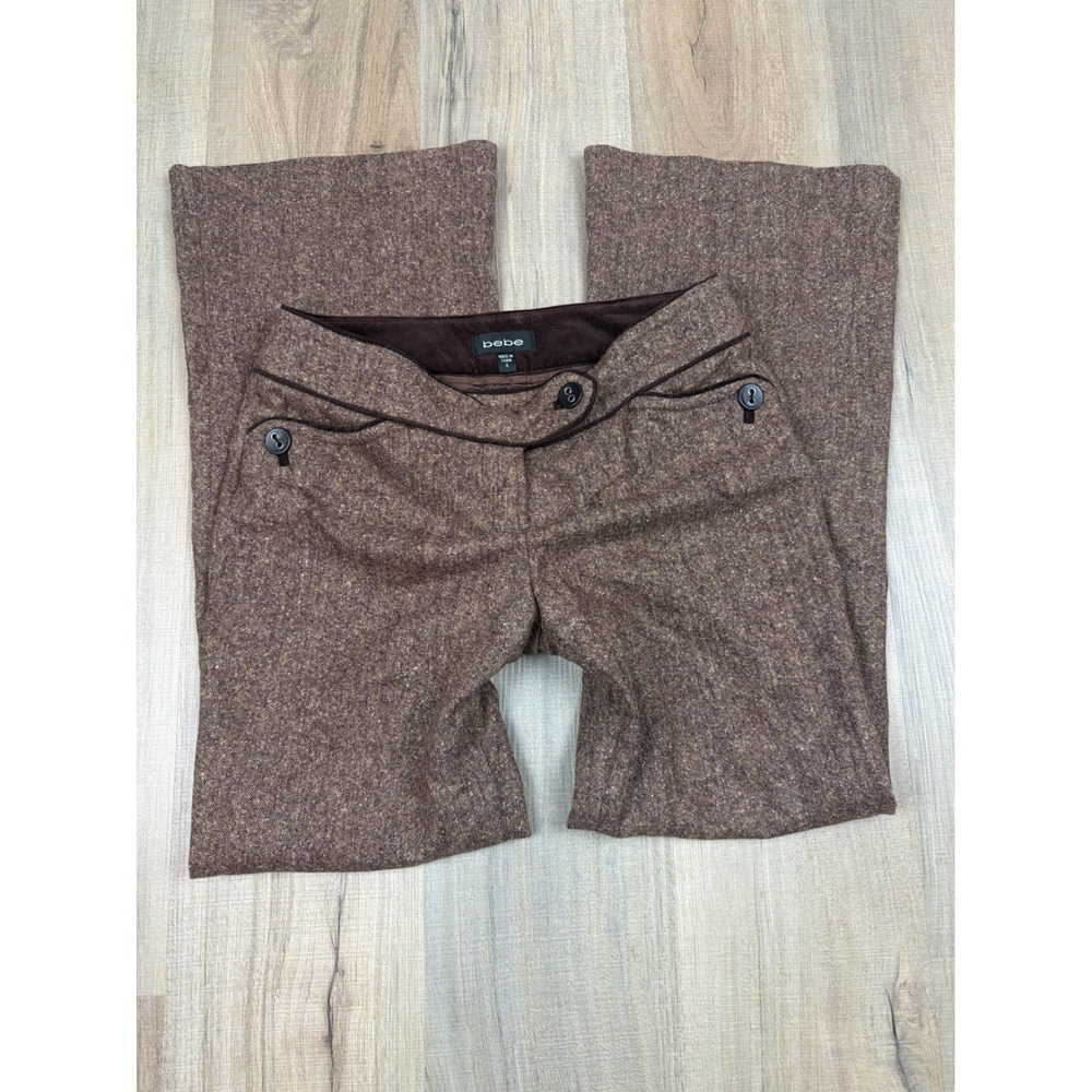 Bebe Vintage Wool Tweed Low Rise Wide Leg Trousers Brown Velvet Trim Size 4
